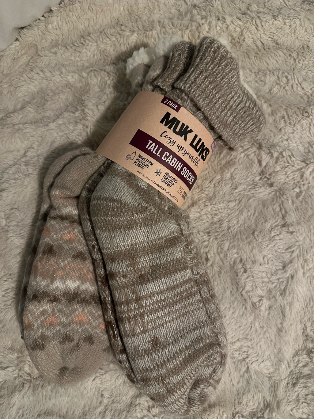 Muk Luks Tall Cabin Socks - Taupe & Cream 2-Pack